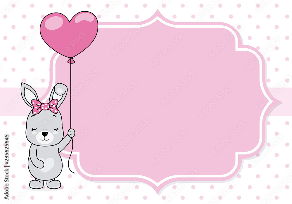 Naklejka premium baby girl shower card. cute rabbit with balloon. space for text