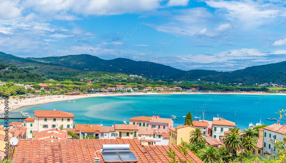 Panoramic view over marina di campo town in Elba Island, Tuscany, Italy.