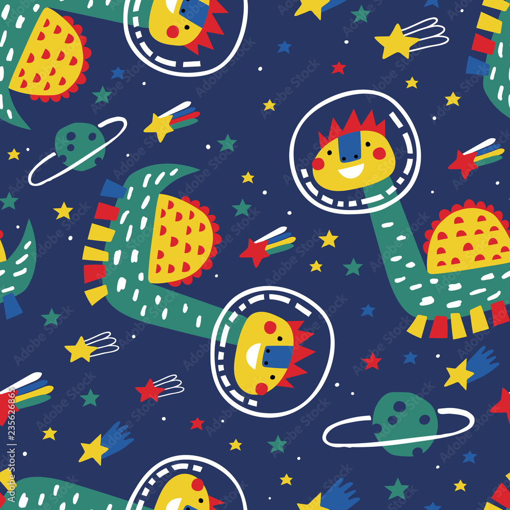 Childish seamless pattern with astronaut dino, stars and planets. Hand drawn overlapping background for your design. Vector childish background for fabric, textile, nursery wallpaper.