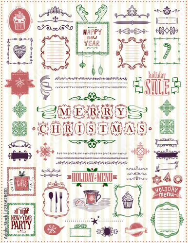 Christmas and New Year sketch elements set, hand drawn doodle graphic line elements - ribbons, frames, menus, dividers and phrases