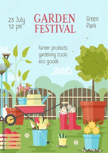 Flyer or poster template with gardening or agricultural tools, equipment for plant cultivation and place for text. Vector illustration in flat style for garden festival advertisement, promotion.