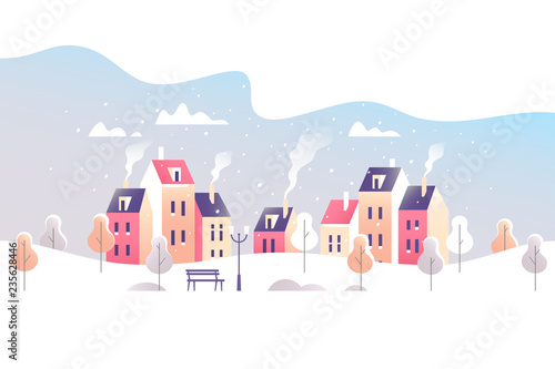 Winter city landscape. Snowy street in small town. Vector illustration.