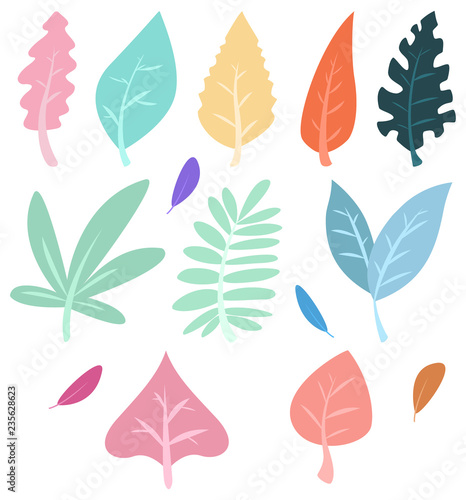 Leaves set isolated on white background. Flat pastel colors, vector illustration 