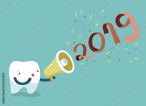 Happy new year of dental, tooth saying with megaphone,Single white tooth, healthy tooth, oral hygiene, vector modern flat cartoon character illustrator