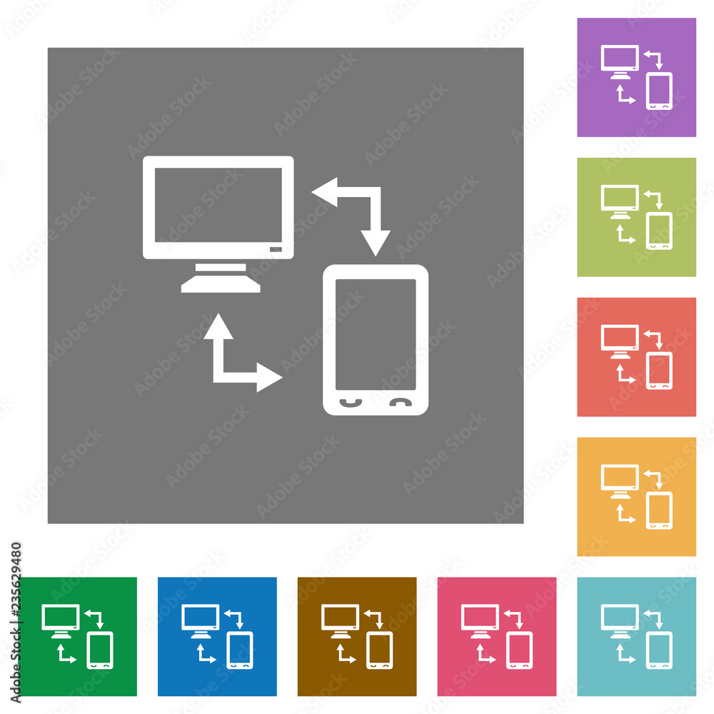 Connecting mobile to desktop square flat icons Connecting mobile to desktop square flat icons