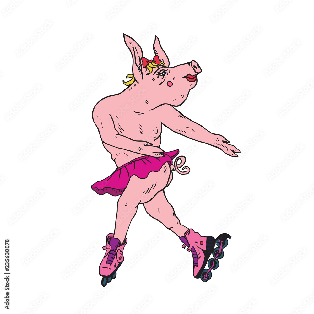 Piggy girl in skirt dancing in pink roller skates, hand drawn doodle, sketch, vector color illustration