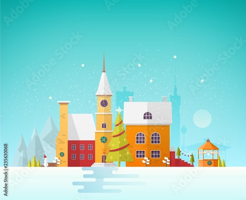 Street of small European city or town at Christmas Eve. Cityscape or landscap...