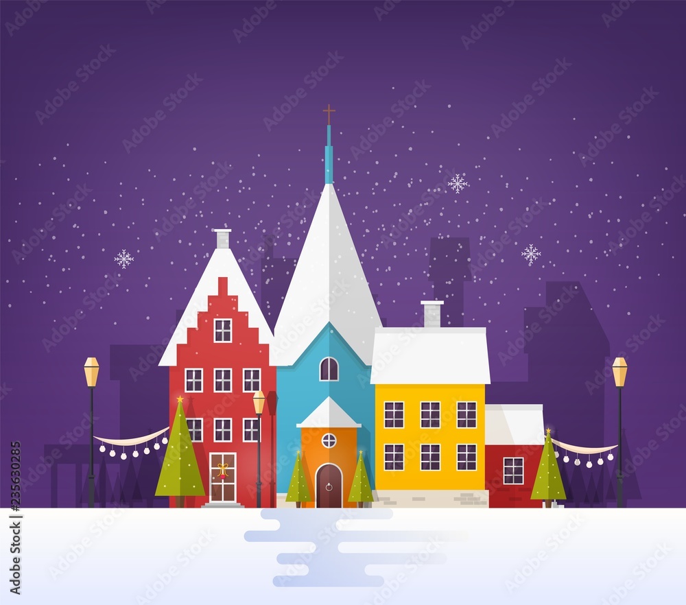 Winter cityscape or urban landscape with buildings or houses and festive street decorations in snowy evening. Small city or town in New Year or Christmas eve. Vector illustration in flat style.