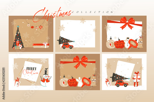 Hand drawn vector abstract fun Merry Christmas time cartoon illustrations greeting cards template and backgrounds big collection set with gift boxes,people and Xmas art isolated on white background