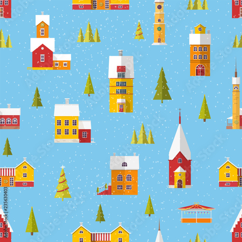 Seamless pattern with cute buildings and trees decorated for Christmas or New...