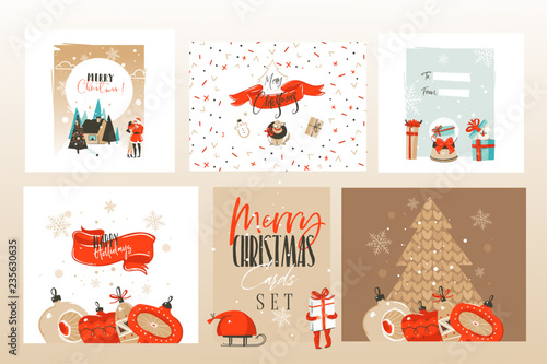 Hand drawn vector abstract fun Merry Christmas time cartoon illustrations greeting cards template and backgrounds big collection set with gift boxes,people and Xmas art isolated on white background