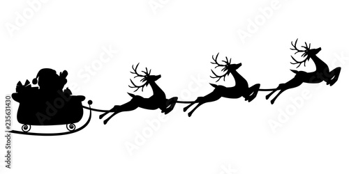 Black silhouette of Santa flying in a sleigh with a group of reindeer on white background. Vector illustration.