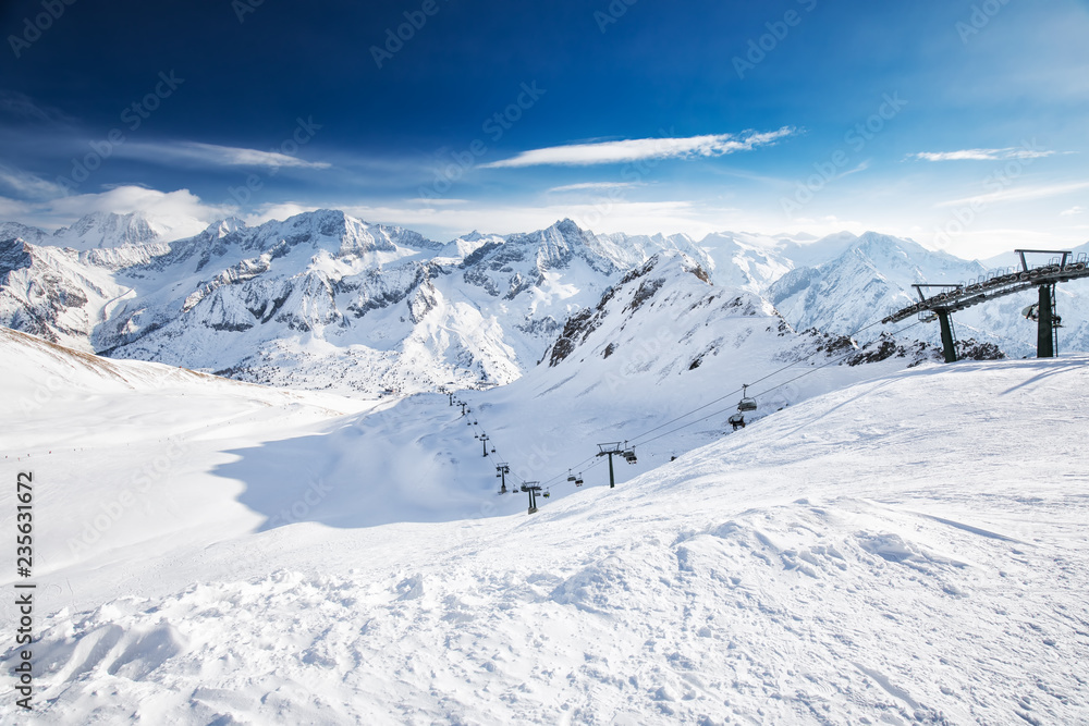 View of Tonale ski resort with Rhaetian Alps, Tonale pass, Italy, Europe