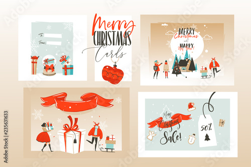 Hand drawn vector abstract fun Merry Christmas time cartoon illustrations greeting cards template and backgrounds big collection set with gift boxes,people and Xmas art isolated on white background