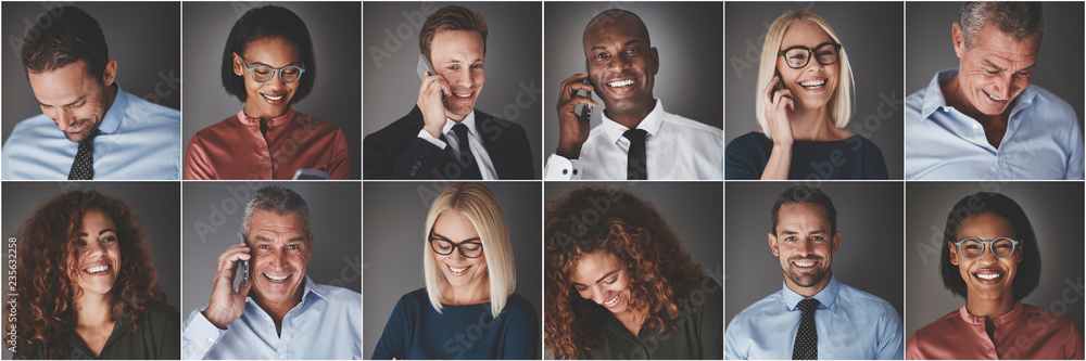 Smiling group of diverse businesspeople using cellphones - obrazy, fototapety, plakaty 