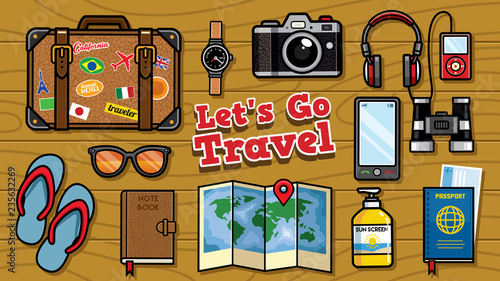 flat lay traveling objects set