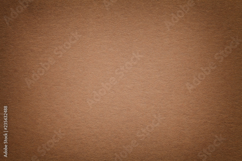 Texture of old dark brown paper background, closeup. Structure of dense cardboard. © nikol85