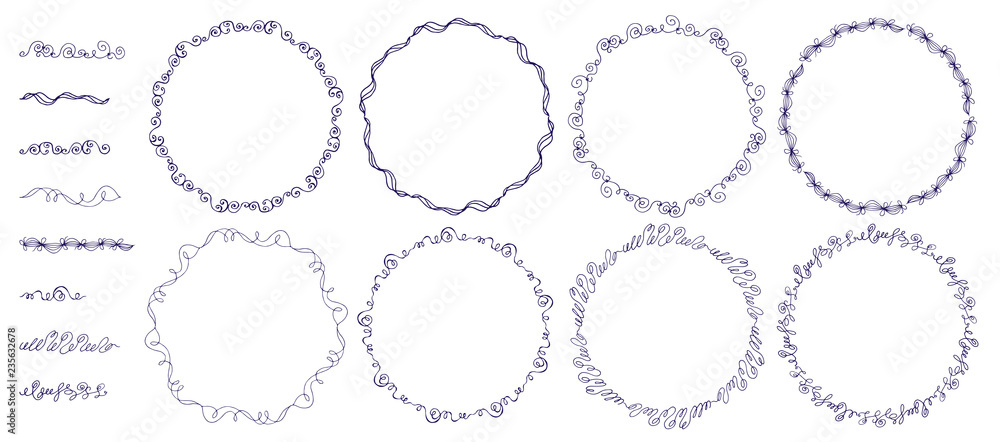 Hand drawn vector line endless border set. Doodle style decorative ornate round frames. Isolated on white background Hand drawn vector line endless border set. Doodle style decorative ornate round frames. Isolated on white background