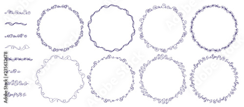 Hand drawn vector line endless border set. Doodle style decorative ornate round frames. Isolated on white background