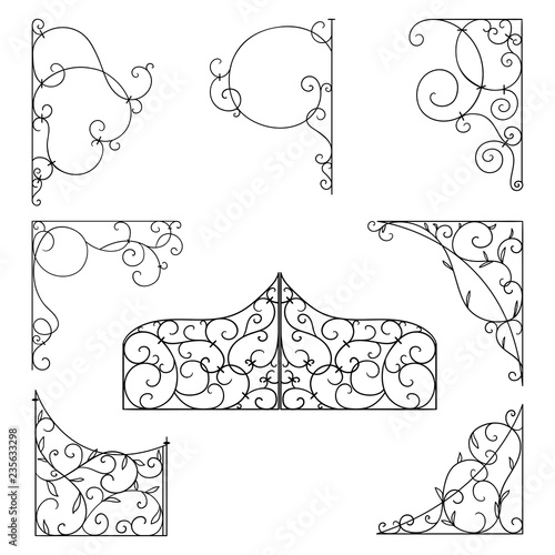 Forged brackets for signboards. Vintage corner ornament. Decorative design element filigree. Vector illustration