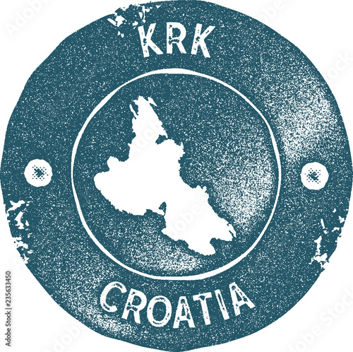 Krk map vintage stamp. Retro style handmade label, badge or element for travel souvenirs. Blue rubber stamp with island map silhouette. Vector illustration.
