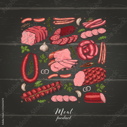 Isolated square with different color meat products in sketch style.