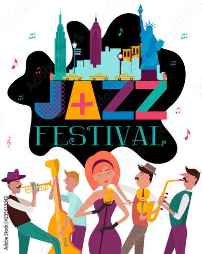 Jazz concert or festival poster template with New York landscape and characters playing musical instruments. Editable vector illustration
