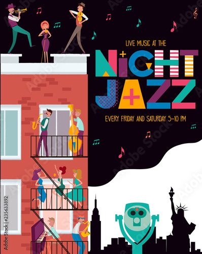 Jazz concert or festival poster template with New York landscape and characters playing musical instruments. Editable vector illustration