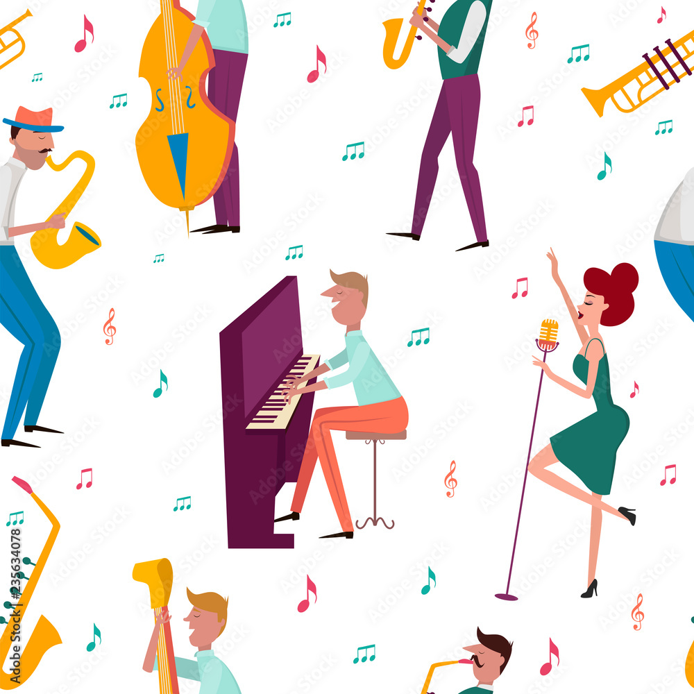 Seamless pattern with characters playing musical instruments. Editable vector illustration Seamless pattern with characters playing musical instruments. Editable vector illustration