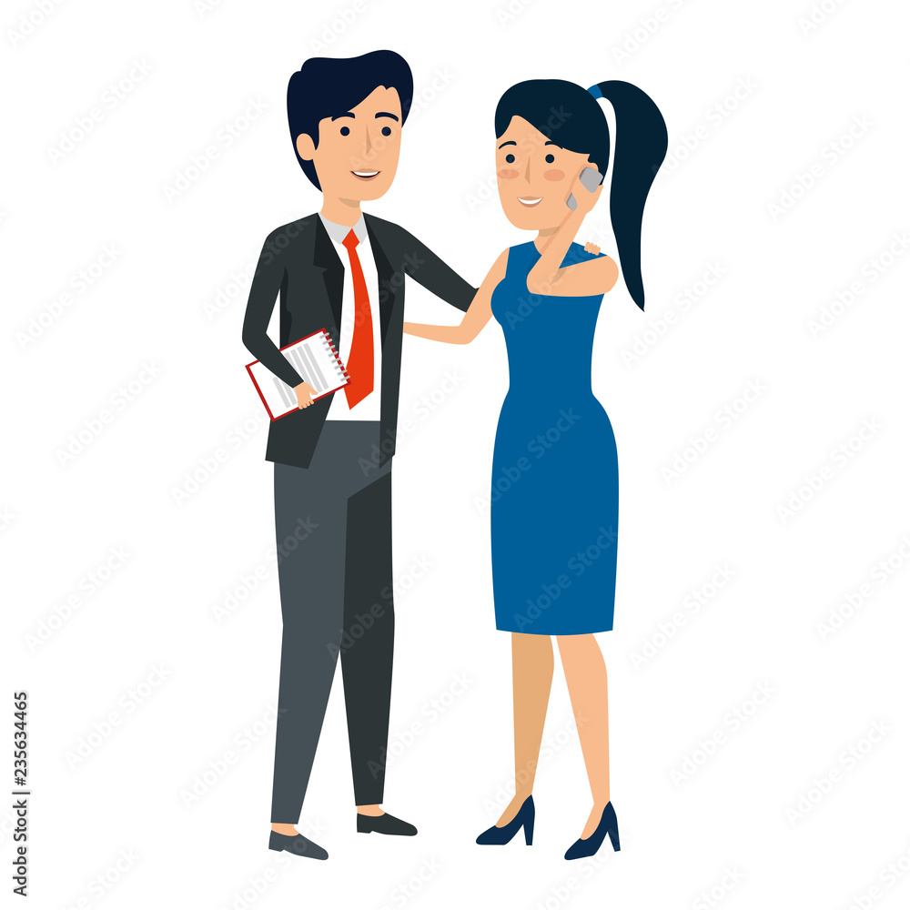 business couple with smartphone avatars characters business couple with smartphone avatars characters
