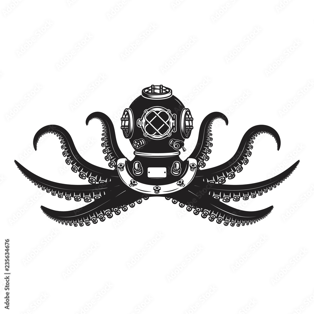 Obraz premium Diver helmet with octopus tentacles. Design element for poster, card, banner, emblem, t shirt.