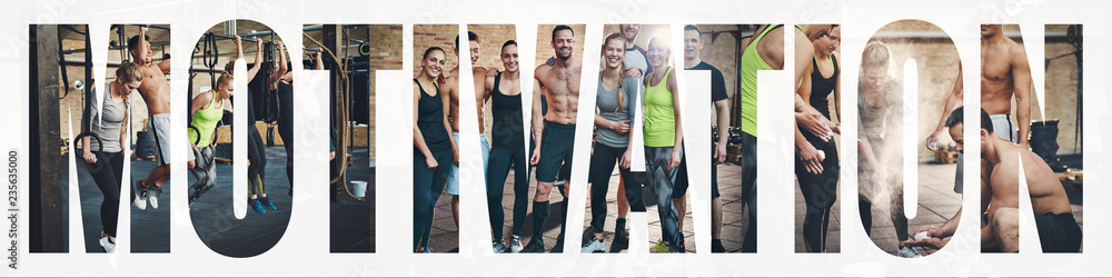 Fototapeta Collage of smiling people working out together in a gym