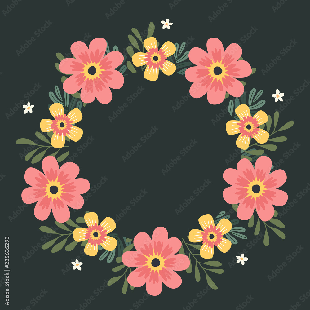 Floral greeting card and invitation template for wedding or birthday anniversary, Vector circle shape of text box label and frame, Colorful cosmos flowers wreath ivy style with branch and leaves.