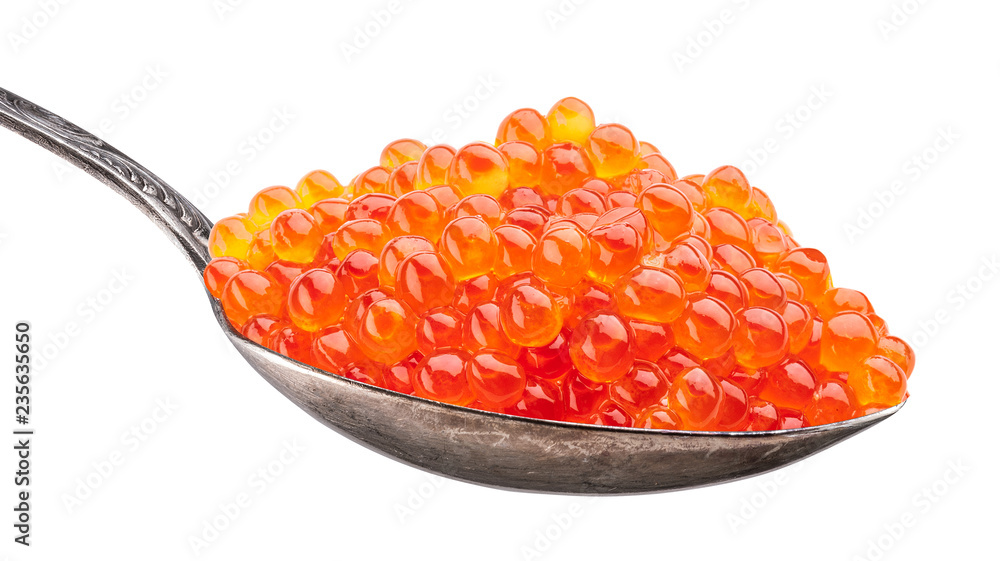 Spoon full of red caviar on white background. Macro picture. Clipping path. Spoon full of red caviar on white background. Macro picture. Clipping path.