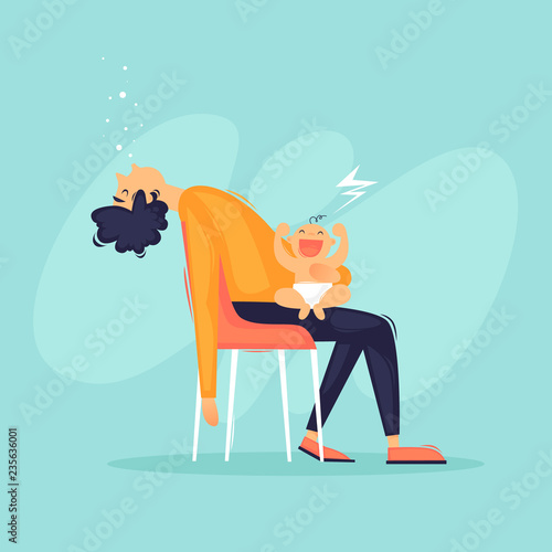 Tired man holding a baby. Flat vector illustration in cartoon style.