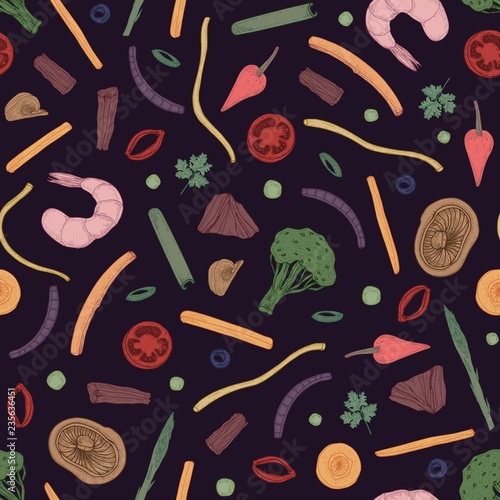 Seamless pattern with food cut in pieces on black background. Backdrop with ingredients for Asian wok meal. Colorful realistic hand drawn vector illustration for wrapping paper, textile print.