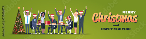 business team raised hands champagne glasses decorated fir tree happy new year merry christmas celebration concept flat horizontal