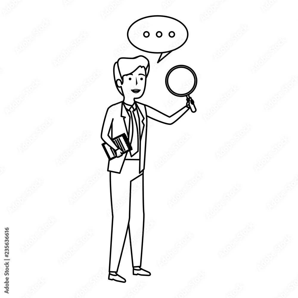 businessman with speech bubble and magnifying glass businessman with speech bubble and magnifying glass