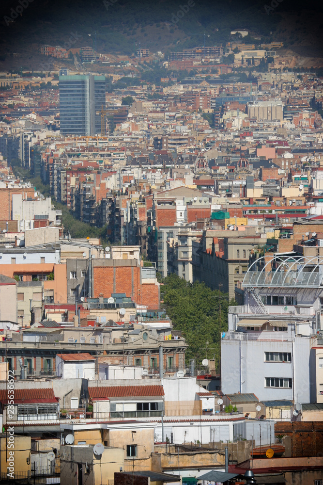 Cityscape view of La Rambla, the pedestrian-lined street in Barcelona, Spain