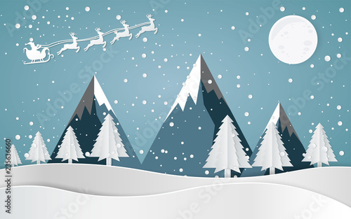 Merry christmas,Santa Claus Driving in a Sledge,Snow forest. pines in winter and mountain Paper vector Illustration