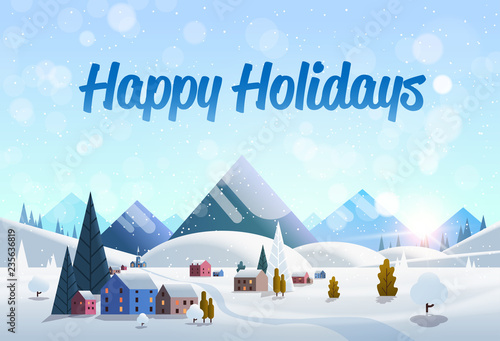 winter village houses mountains hills landscape snowfall background horizontal flat