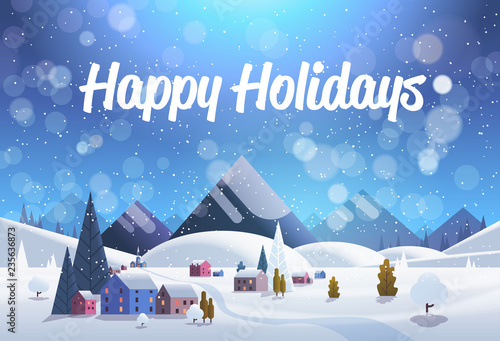 winter village houses mountains hills landscape snowfall background horizontal flat