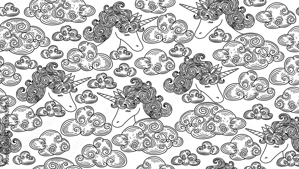 Vector cute seamless pattern, unicorns in clouds, black silhouettes. Vector cute seamless pattern, unicorns in clouds, black silhouettes.