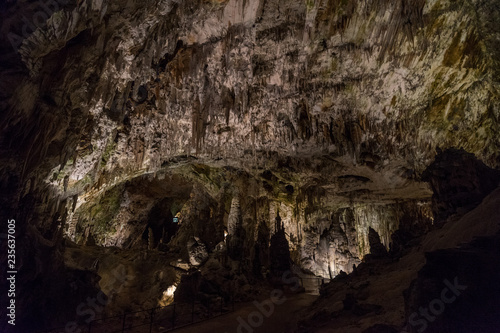 Interiors of Postojna Cave, Slovenia. Big caving area of Postojna. Underground halls, karst.