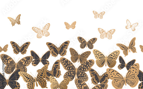 Seamless pattern with gold and black butterflies on a white background