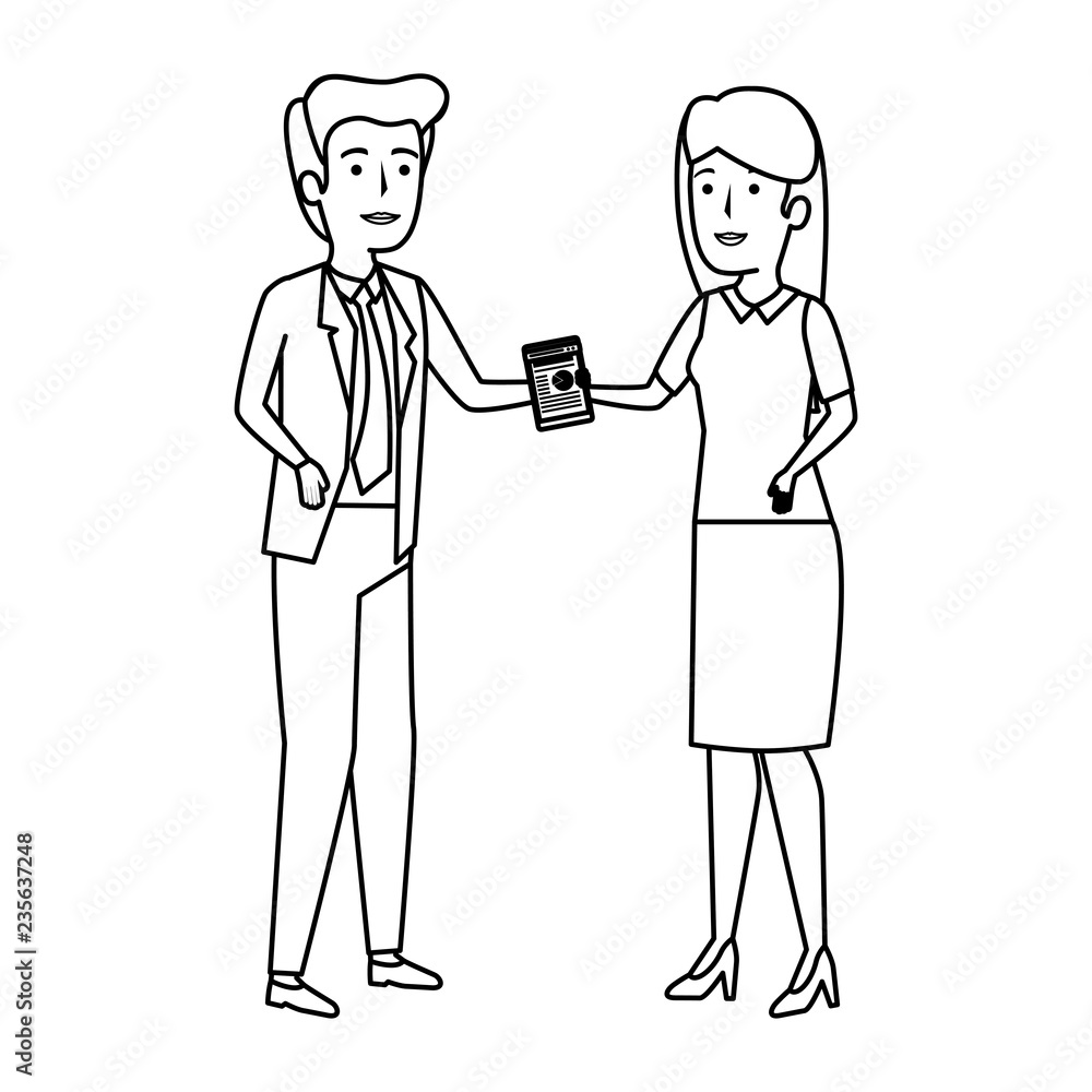 business couple with smartphone avatars characters business couple with smartphone avatars characters
