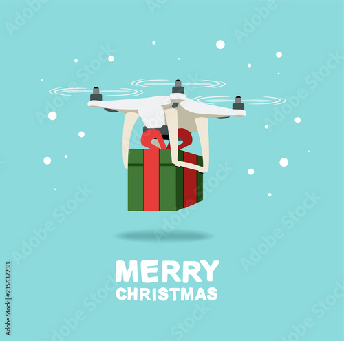 Merry Christmas. White drone with green gift on a blue background. Flat illustration for design.