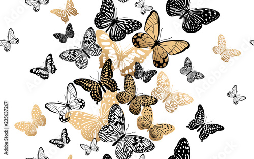 Seamless pattern with gold and black butterflies on a white background