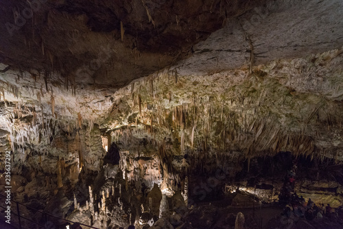 Interiors of Postojna Cave, Slovenia. Big caving area of Postojna. Underground halls, karst.