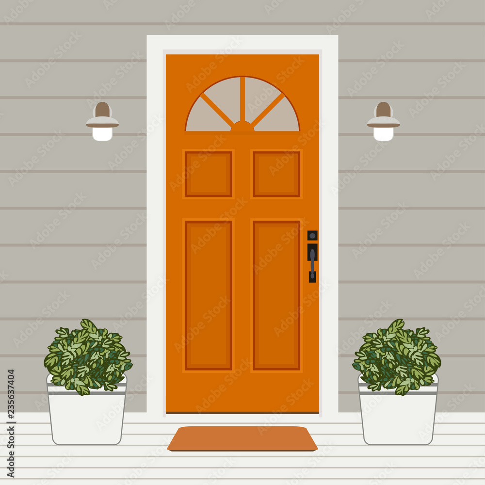 Fototapeta premium House door front with window and plants flat style, building entry facade design illustration vector